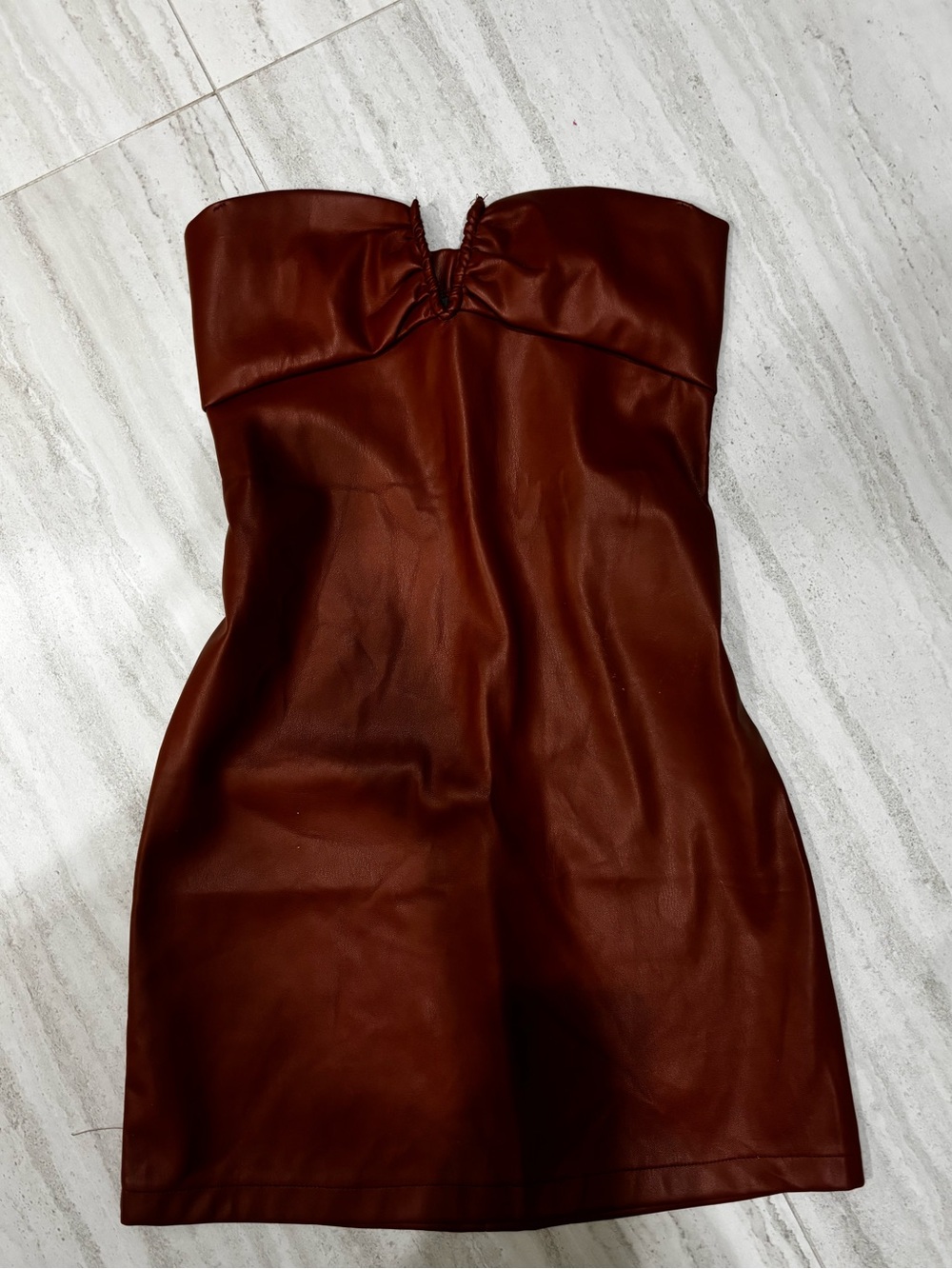 Strapless Faux Leather Mini Dress in Chestnut